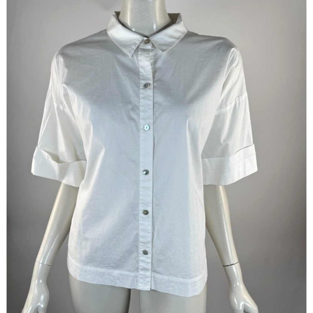 Eileen Fisher Stretch Organic Cotton Shirt Women M Button-up 1/2 Sleeve Collared